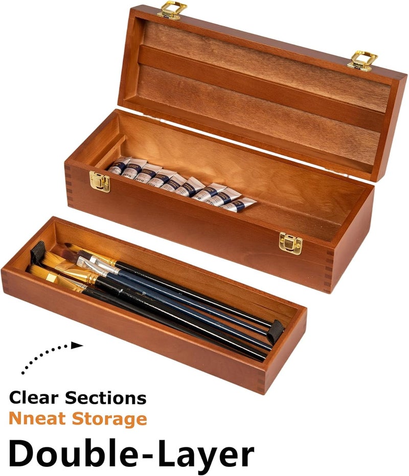 DJAR Store Multi-Function Artist Tool Box with Locking Clasps, Removable Tray Wooden Art Supply Box for Brushes, Pencils, Erasers,Artist Supplies Storage Organizer, Walnut - Image 4